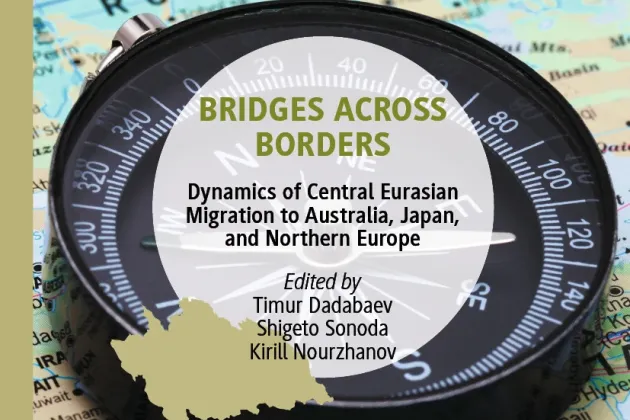 A book cover stating the title " Bridges Across Borders Dynamics of Central Eurasian Migration to Australia, Japan, and Northern Europe".