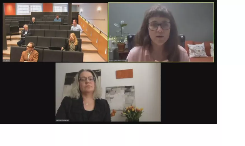 Video streams of Pufendorfsalen, Hildur Fjóla Antonsdóttir and Professor Heini Kainulainen
